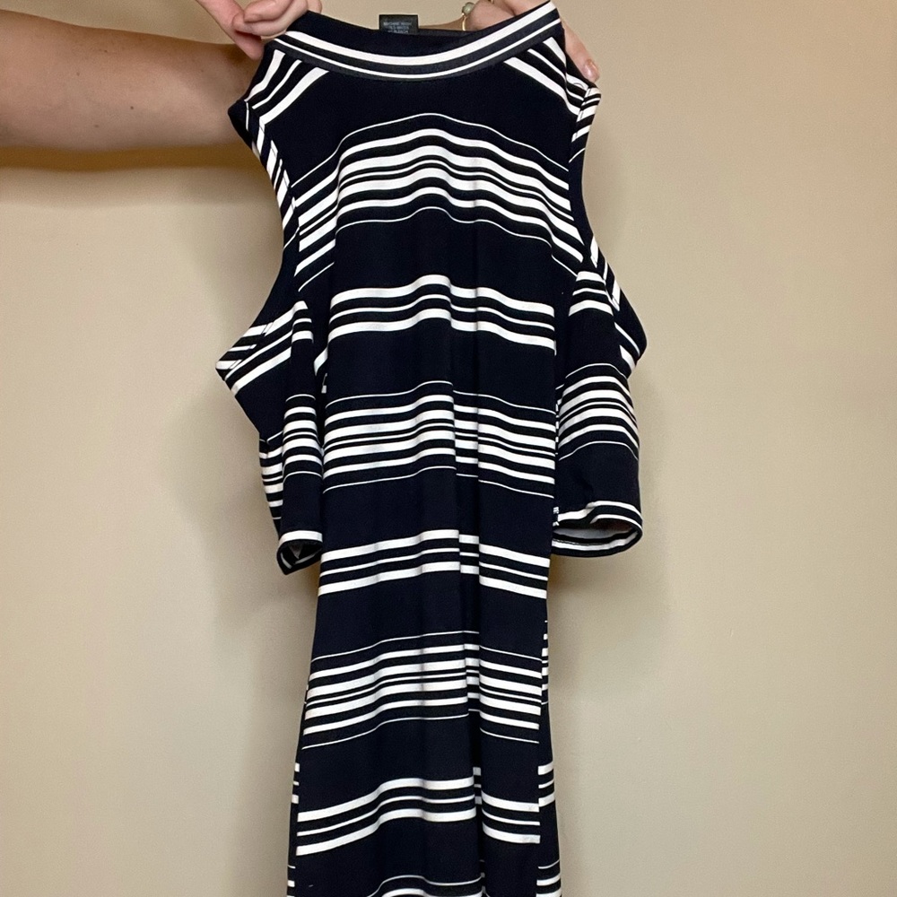 Striped open shoulder high neck dress